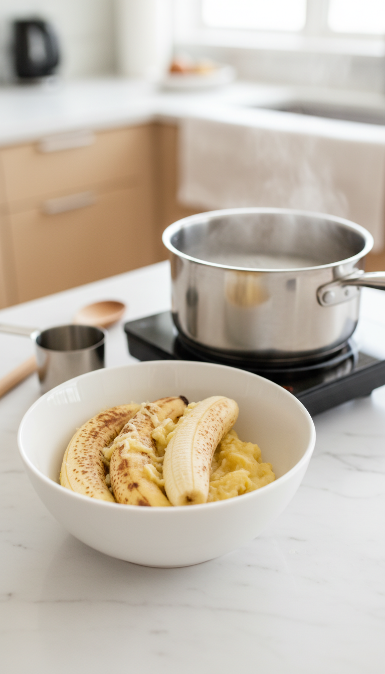 Homemade Banana Coffee Syrup: Proven Recipe for Rich Flavor 1 Homemade banana simple syrup: ripe bananas mashed in white bowl, stainless saucepan, wood spoon on marble counter.