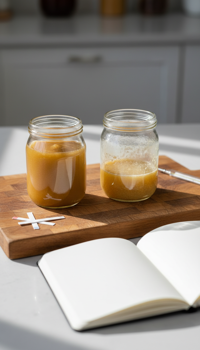 Homemade Banana Coffee Syrup: Proven Recipe for Rich Flavor 13 Homemade banana syrup crystallization: smooth vs. cloudy with sugar crystals in jars, with notebook & thermometer.