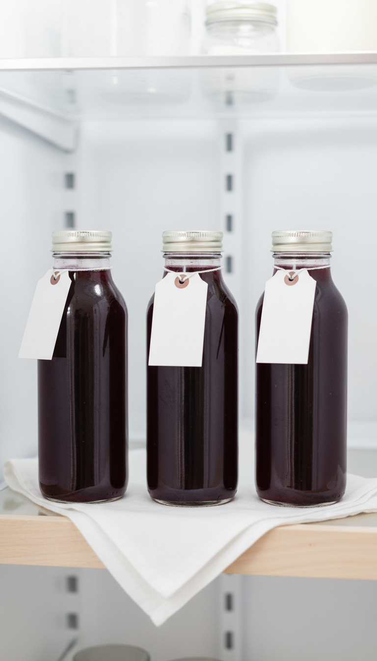 Homemade Blackberry Coffee Syrup: Easy & Delicious Recipe 9 Homemade blackberry syrup in clear glass bottles with airtight lids on an organized shelf inside a refrigerator. Perfect syrup storage.