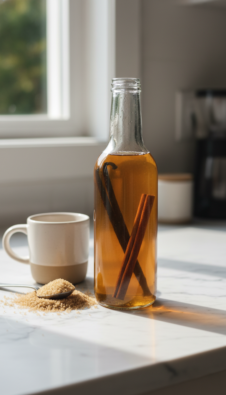 Homemade brown sugar coffee syrup with vanilla bean, cinnamon sticks in a glass bottle on marble.