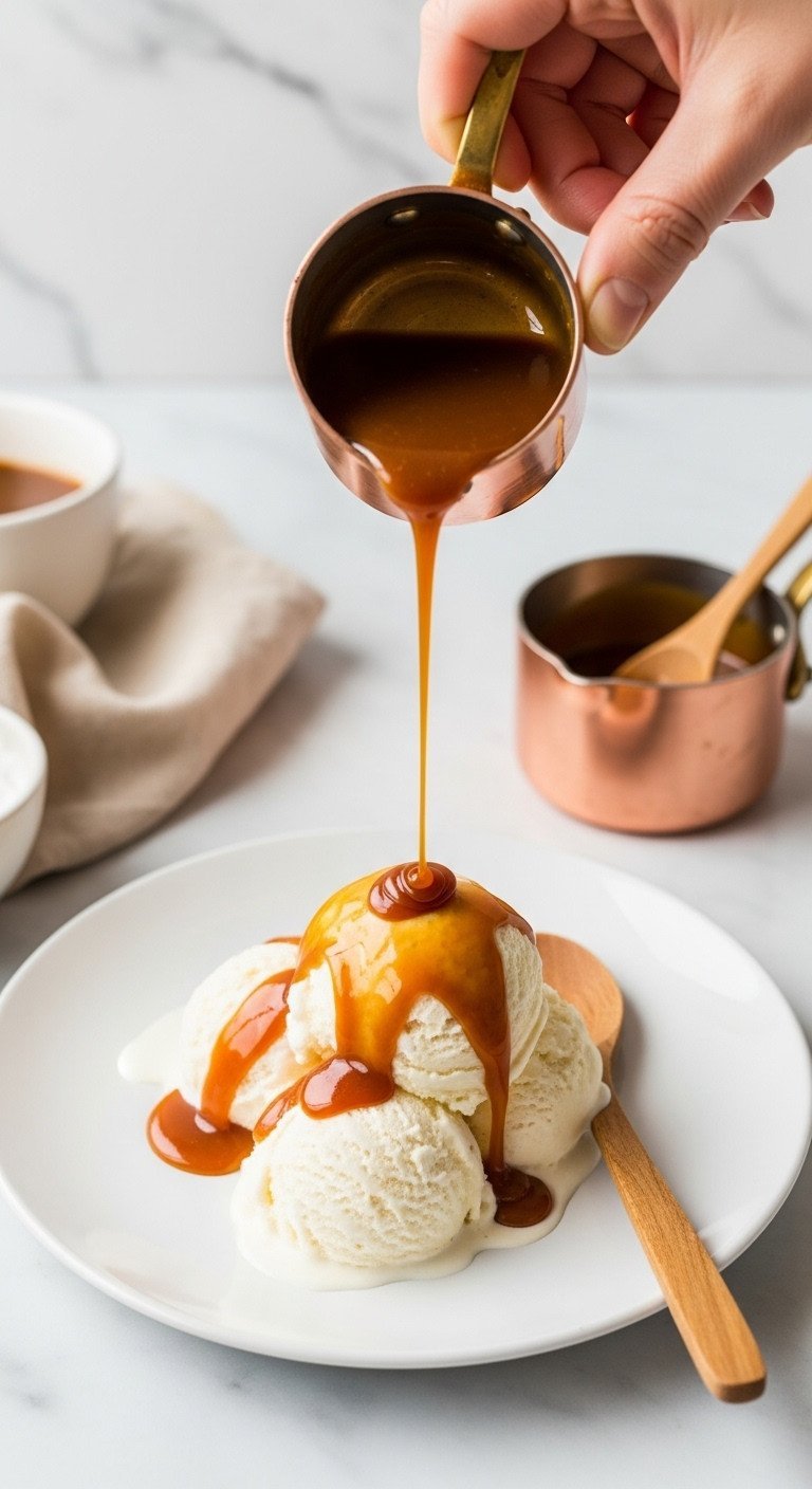 Simple Homemade Coffee Syrup: 7 Essential Recipes 5 Homemade caramel coffee syrup pours over vanilla ice cream on a white plate, with a copper pot on marble.