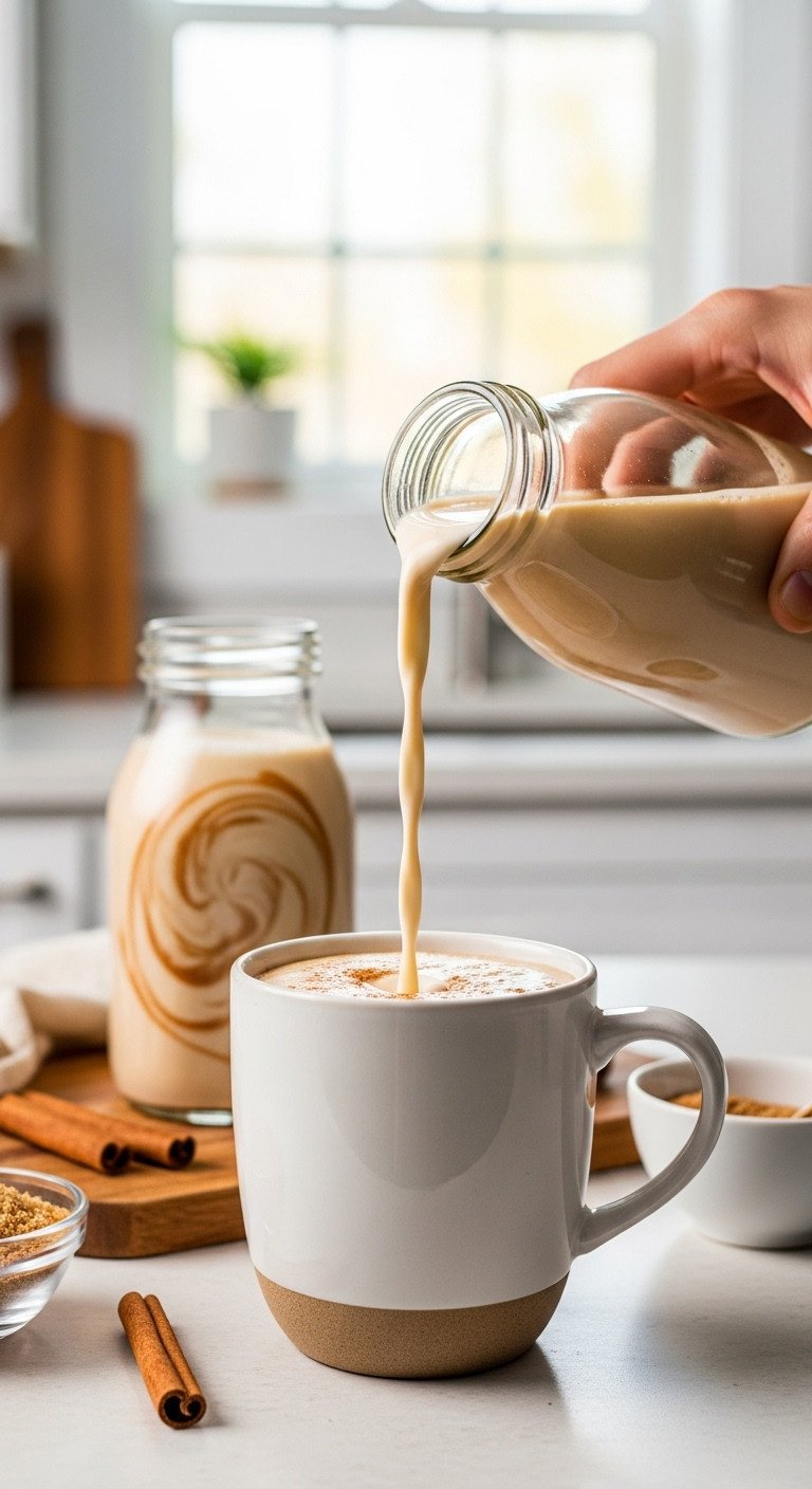 The Easiest Coffee Creamer Recipe With 11 Flavor Ideas 9 Homemade cinnamon swirl coffee creamer being poured from a glass bottle into a ceramic mug in a sunlit kitchen.