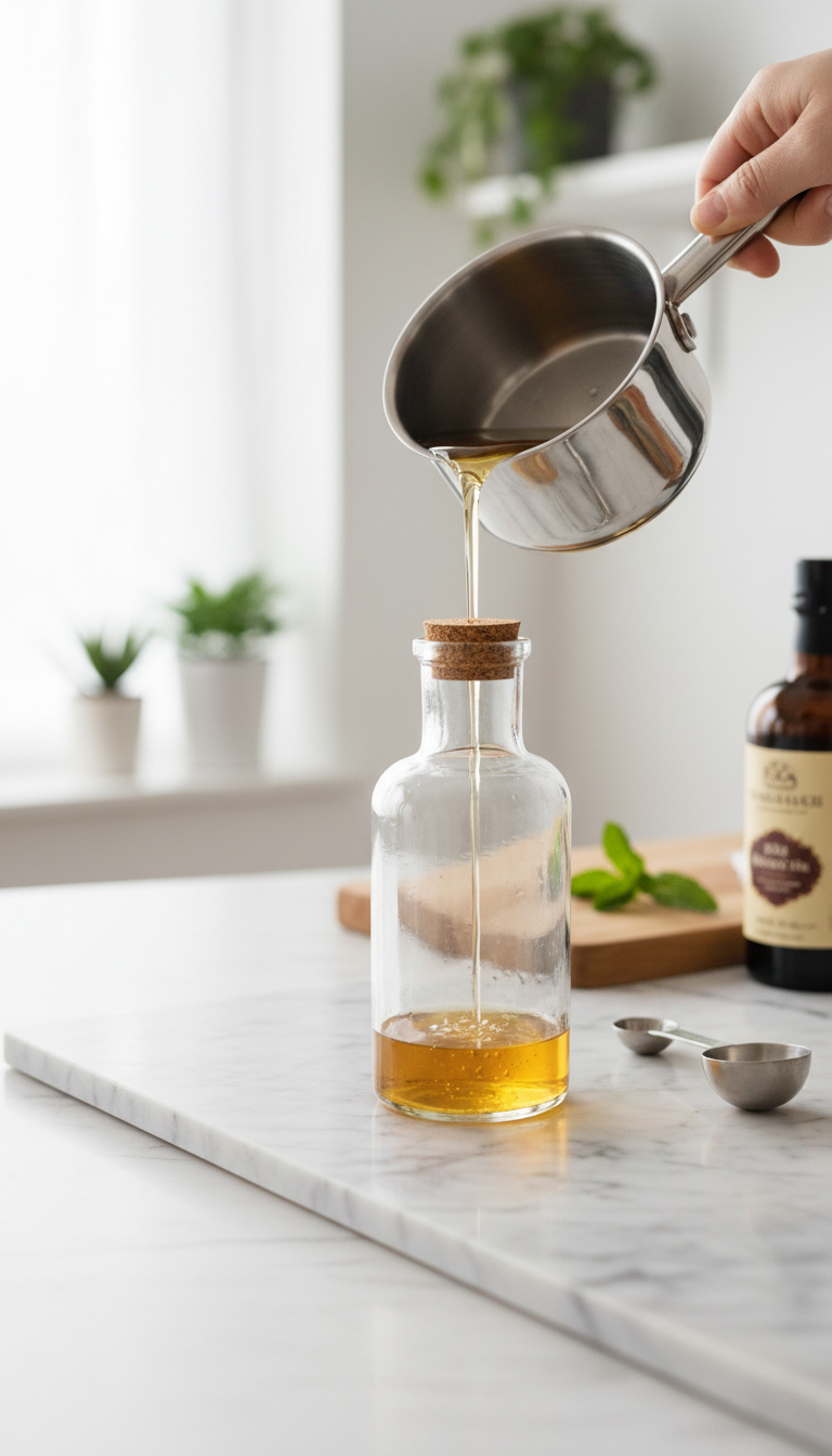 Homemade Vanilla Coffee Syrup: Ultimate Recipe Guide 1 Homemade clear vanilla coffee syrup pours into an elegant glass bottle, with vanilla extract on marble, natural light for DIY recipes.