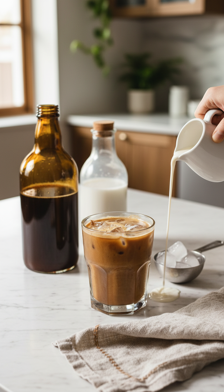 Dunkin' Coconut Iced Coffee: 5 Essential Order Hacks 9 Homemade coconut iced coffee with Dunkin' concentrate, syrup, milk pour, ice on marble kitchen counter. Warm & homey.