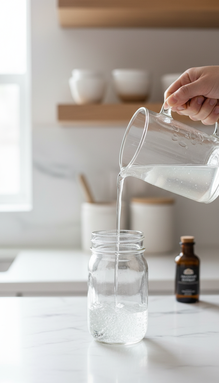 Homemade Coconut Coffee Syrup: Master Barista Flavor 1 Homemade coconut simple syrup pouring from glass pitcher into a clear mason jar on a marble counter with kitchen essentials.
