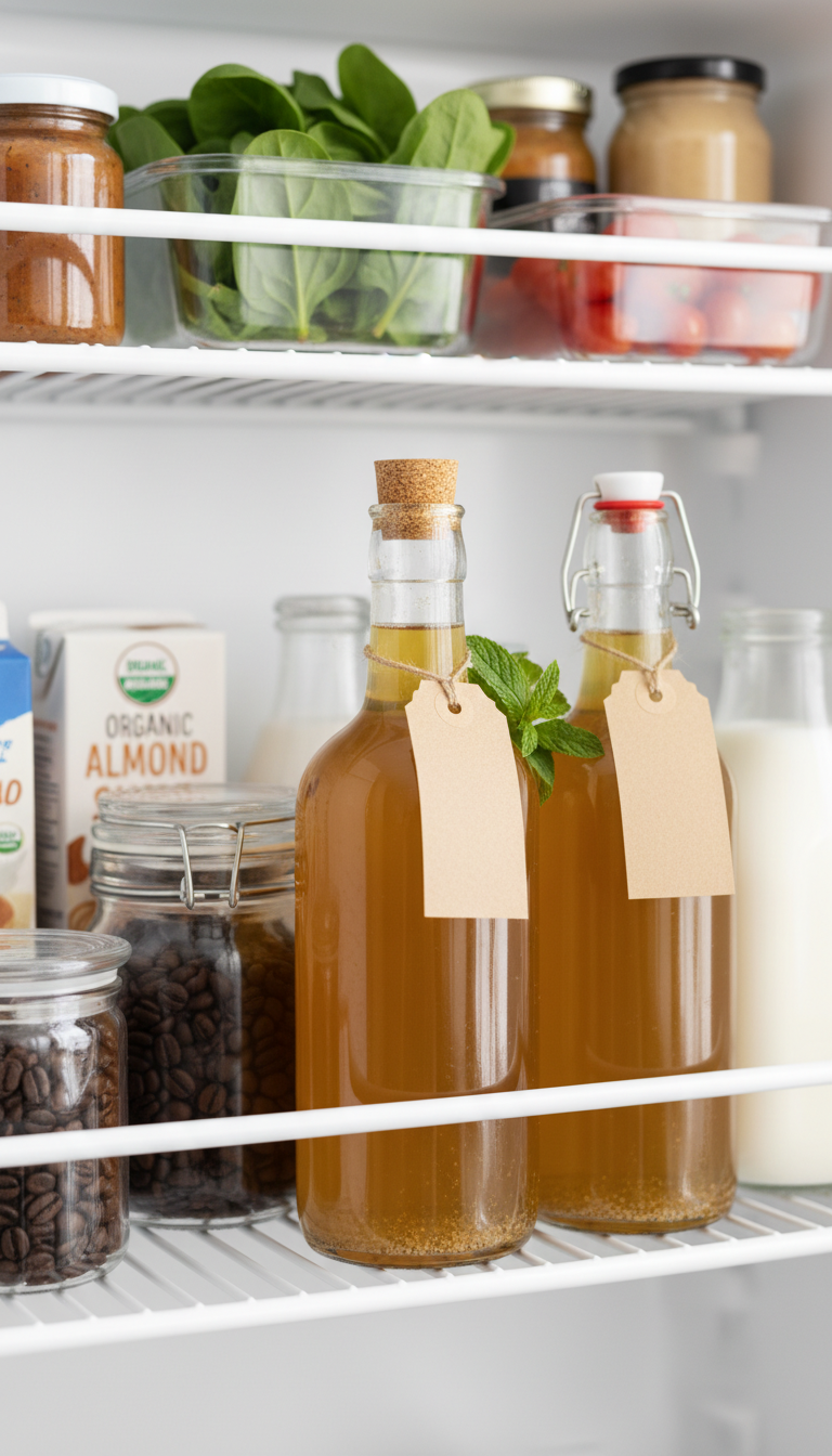 Homemade Coconut Sugar Coffee Syrup: 7 Easy Tips 13 Homemade coconut sugar syrup in sterilized glass bottles, organized neatly in a refrigerator door with coffee and milk.