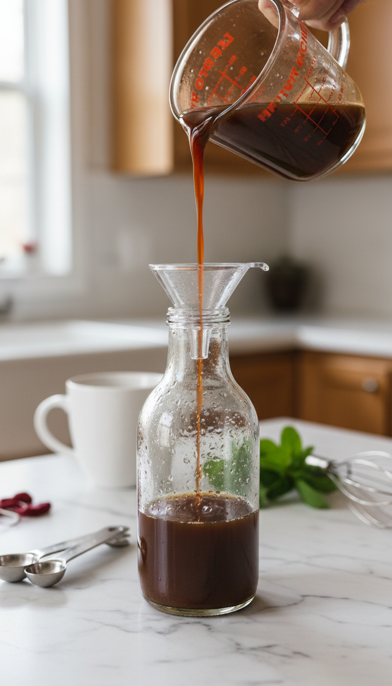 Homemade Peppermint Mocha Coffee Syrup: Master This Recipe 1 Homemade dark brown peppermint mocha syrup pouring into a clear glass bottle on a marble kitchen counter. Includes measuring spoons.