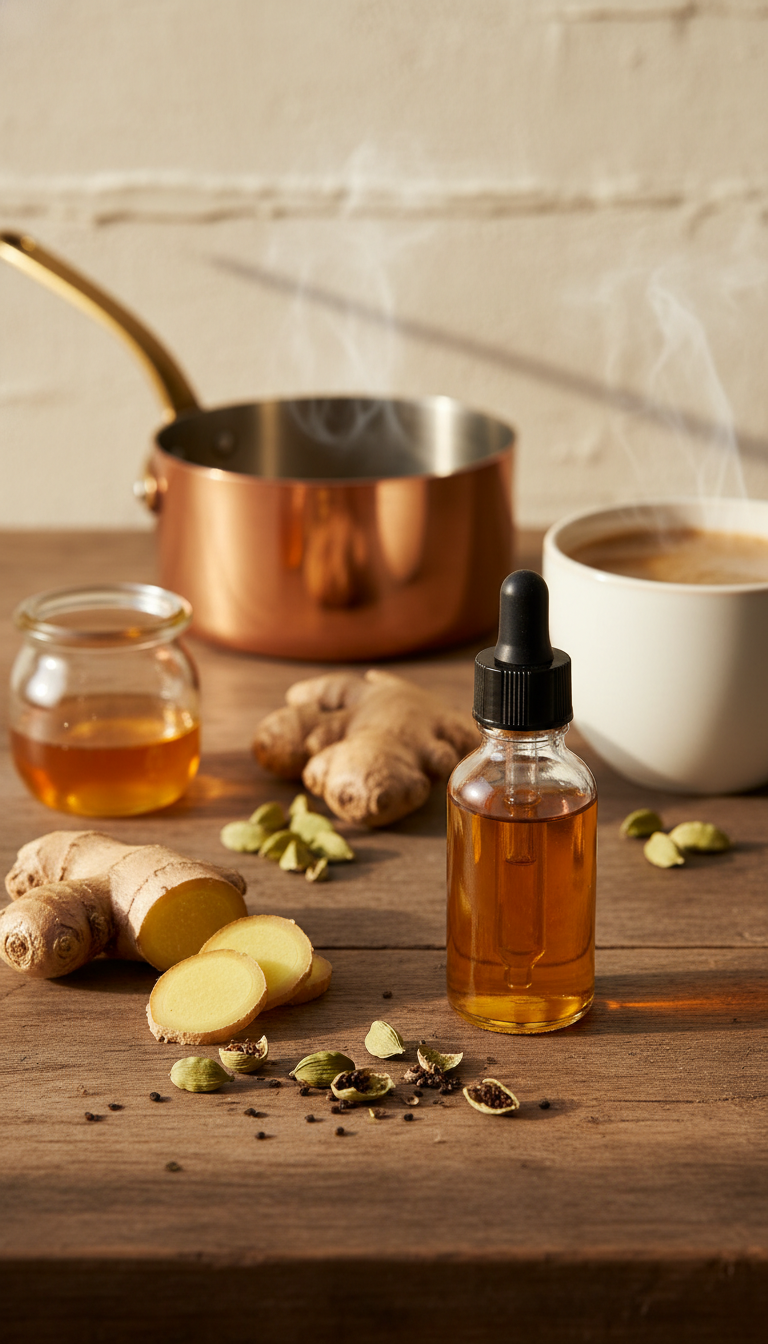 Homemade Healthy Coffee Syrups: 7 Essential Natural Recipes 11 Homemade ginger cardamom coffee syrup in amber dropper bottle. Fresh ginger, cardamom pods, coffee cup on rustic wood.