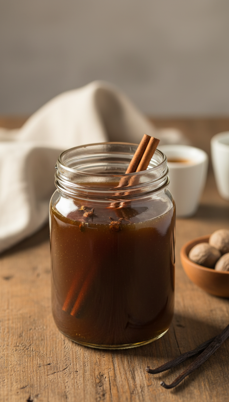 Homemade gingerbread syrup in a clear glass bottle with cinnamon sticks and cloves, on a rustic wooden table with spices.