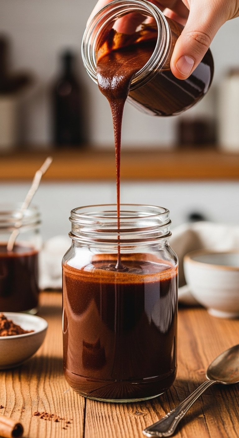 Mocha Frappe Copycat Guide For Perfect Creamy Texture 7 Homemade, glossy, thick mocha syrup drizzling inside a glass jar on rustic wood with cocoa powder.