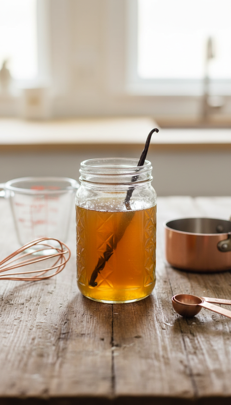 Essential Homemade Cake Batter Coffee Syrup Recipe 1 Homemade golden amber cake batter simple syrup cooling in a glass jar with a vanilla bean on a rustic wooden table.