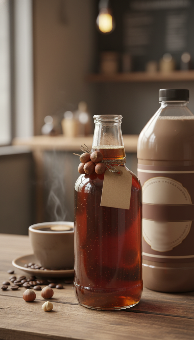 Homemade hazelnut syrup in a glass bottle with nuts vs. store-bought plastic bottle on rustic wood. Natural coffee choice.