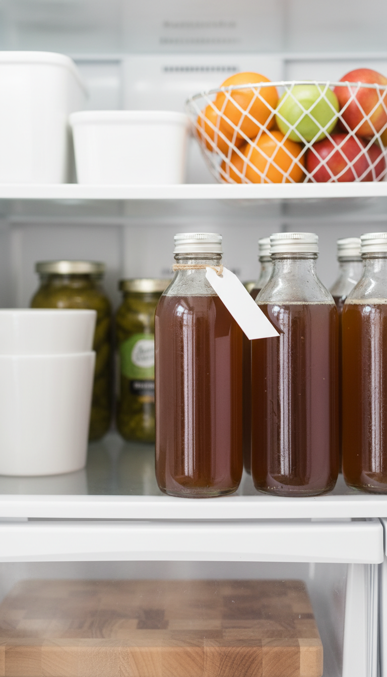 Homemade hazelnut syrup in labeled glass bottles, neatly stored in an organized, clean refrigerator. Food safety focus.