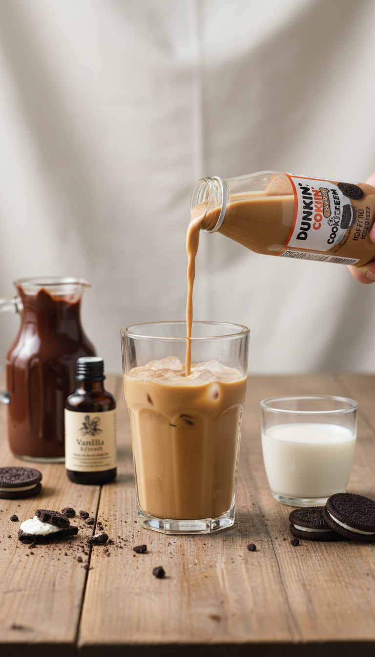Homemade iced coffee setup with bottled coffee pouring into glass, ice, vanilla, chocolate syrup, milk.