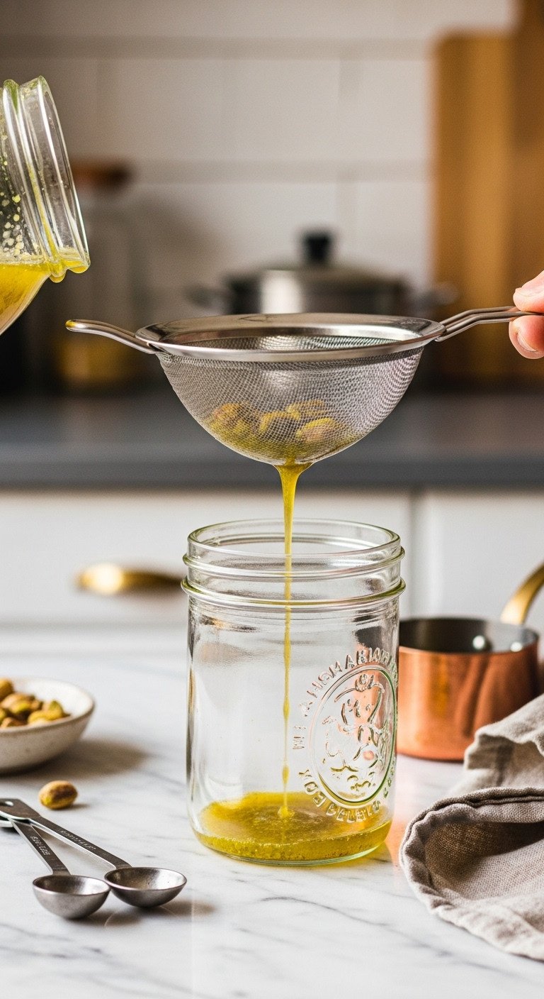 Pistachio Matcha Latte Ultimate Recipe for Perfect Layering and Flavor 1 Homemade pale green pistachio syrup straining through a fine mesh sieve into a vintage glass jar on a marble counter in warm golden hour light.
