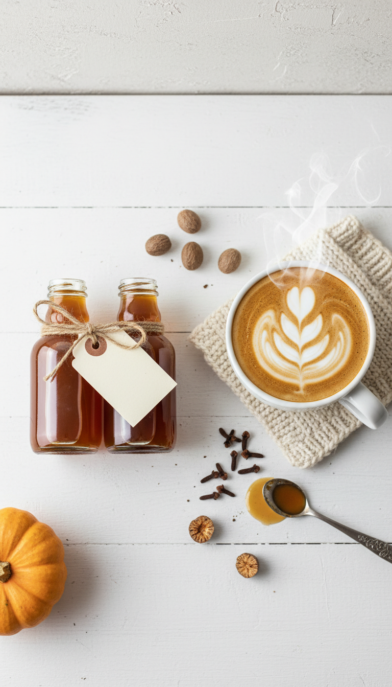Homemade Coffee Syrup Gifts Easy Recipes & Ideas 5 Homemade pumpkin spice coffee syrup gift set: two amber bottles with twine, latte, nutmeg, and cloves on a white table.
