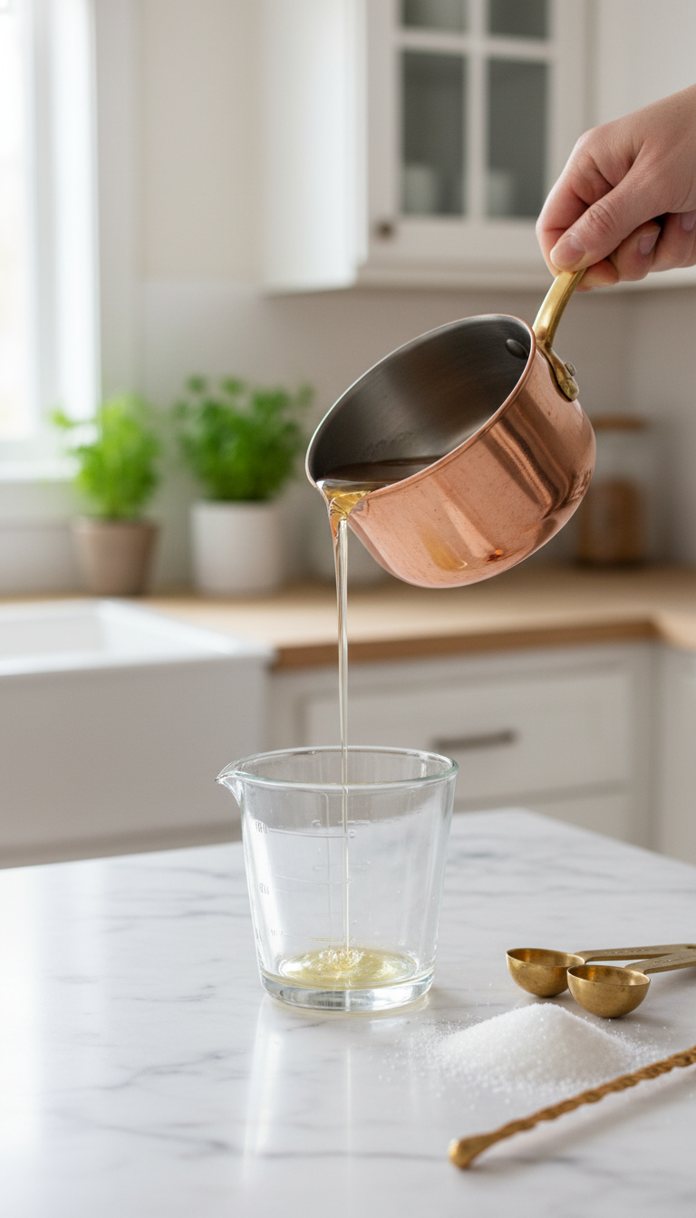 Homemade Shelf Stable Coffee Syrup Ultimate Guide No Refrigeration 1 Homemade simple sugar syrup pouring from elegant copper saucepan into glass measuring cup on marble countertop, kitchen scene.