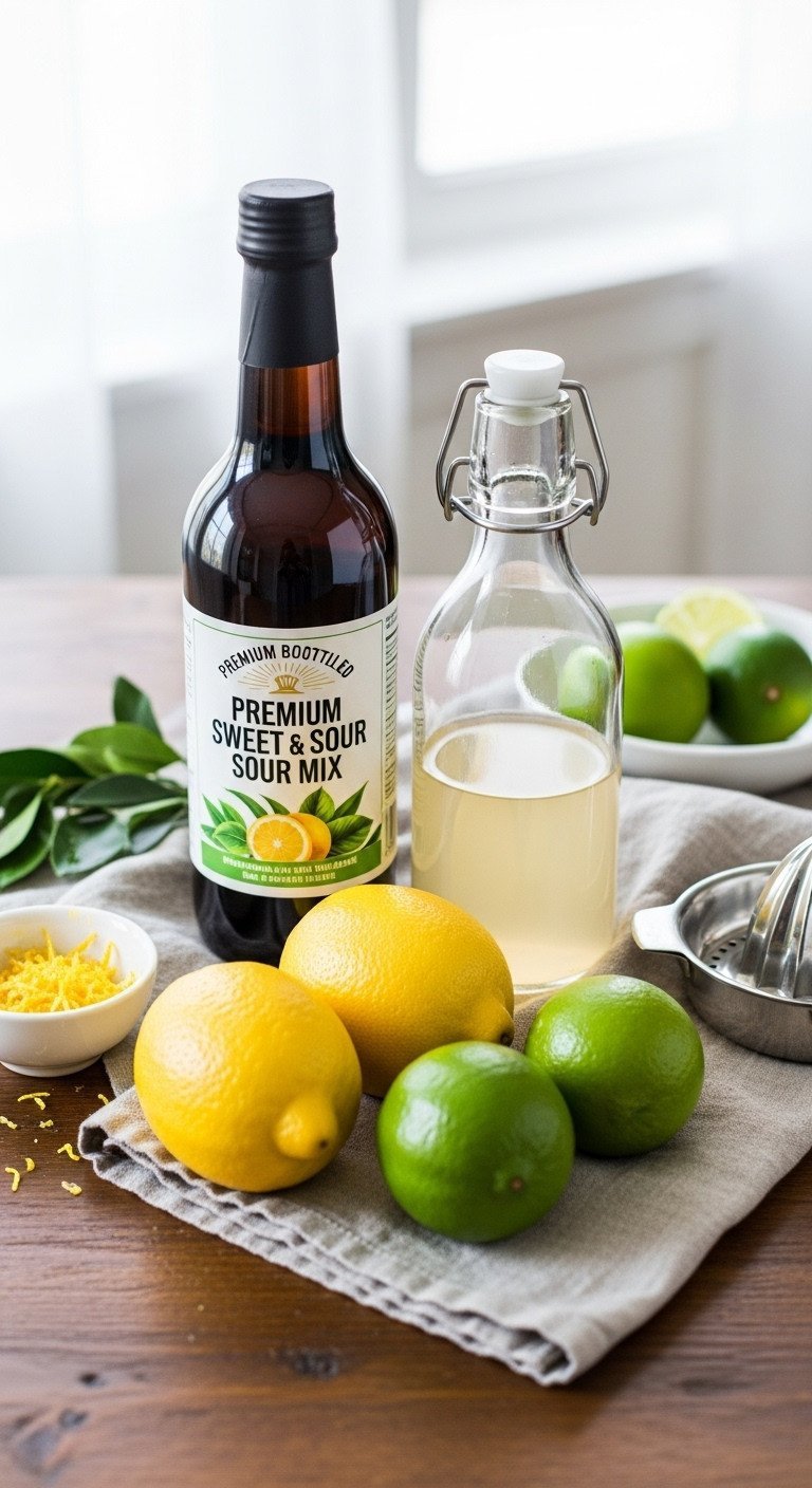 Homemade sour mix ingredients: fresh lemons, limes, simple syrup, bottled mix & juicer on rustic wooden table.