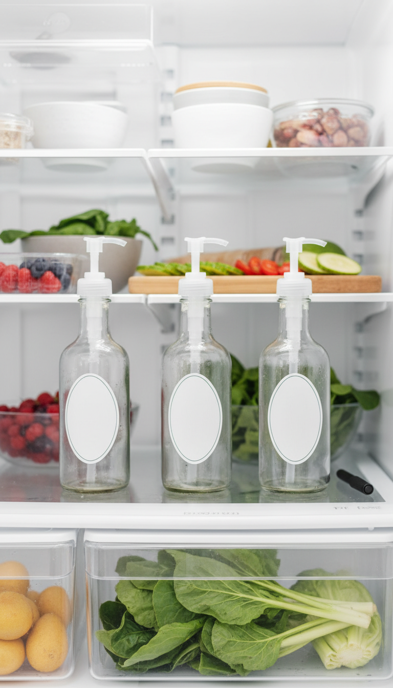 Homemade Stevia Coffee Syrup Easy Sugar-Free Recipe 11 Homemade stevia coffee syrup bottles with dispenser pumps, organized on clear refrigerator shelf with healthy food items.