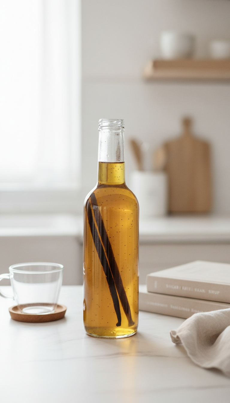 Homemade Sugar Free Coffee Syrup: 5 Easy & Healthy Recipes 1 Homemade sugar-free vanilla bean syrup in a clear glass bottle with whole beans on a marble counter, perfect for coffee and desserts.