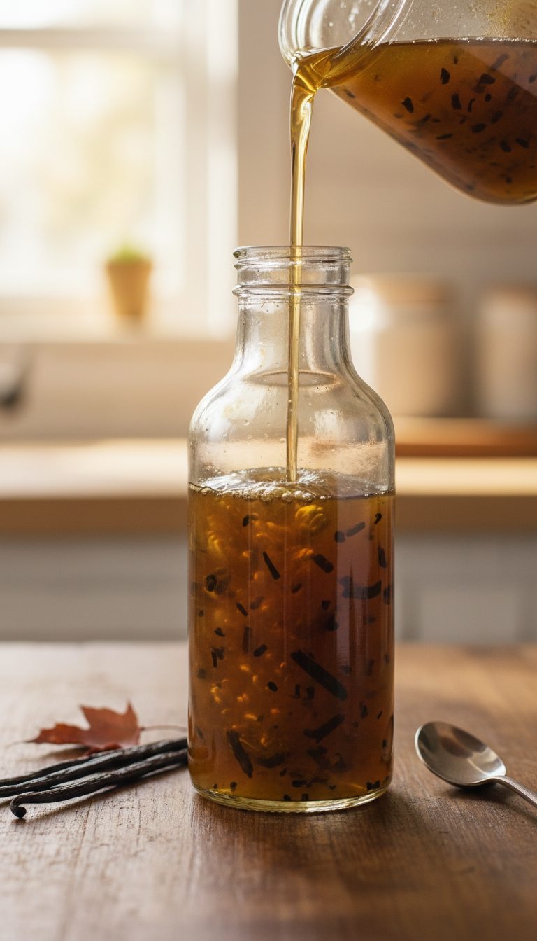 Homemade Healthy Coffee Syrups: 7 Essential Natural Recipes 1 Homemade vanilla bean coffee syrup pours into an elegant glass bottle, showcasing golden liquid and bean flecks on a rustic table.