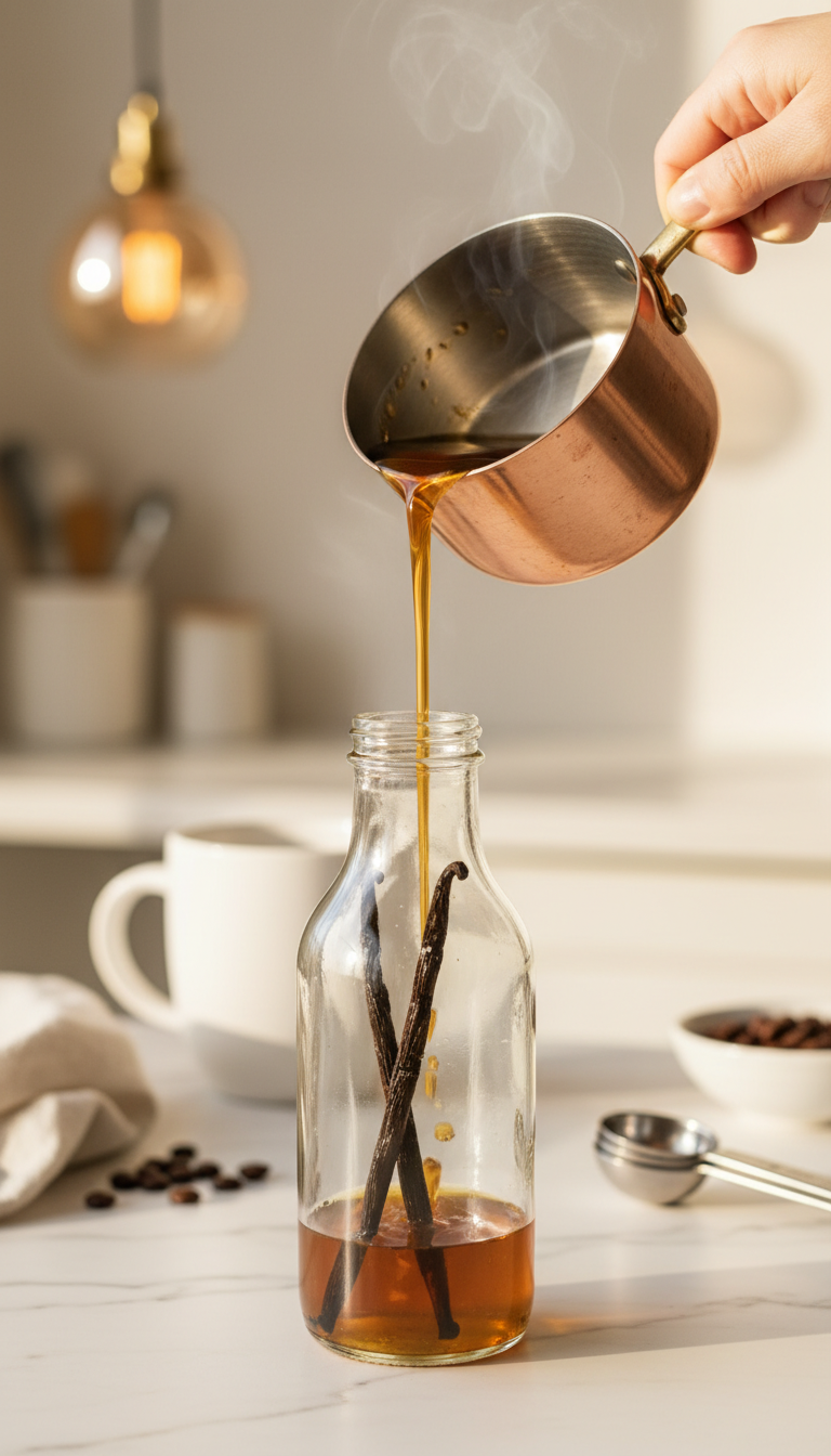 Homemade Coffee Syrup Flavors: 11 Easy Recipes to Master 1 Homemade vanilla bean syrup pours from a copper pan into a glass bottle with whole beans on a marble counter, warm kitchen setting.