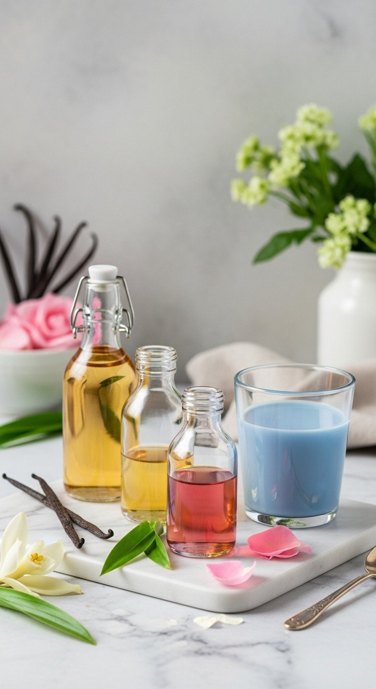 Blue Milk Tea Recipe And Secrets For Perfect Boba 17 Homemade vanilla, pandan, and rose flavor syrups in glass bottles next to blue milk tea, with natural ingredients.