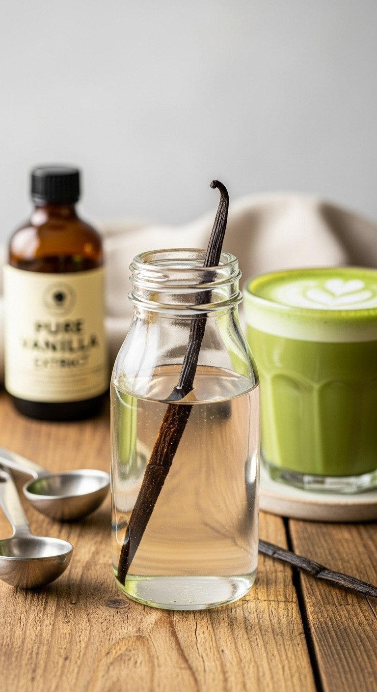 Matcha Latte Recipe The Secret to Non-Bitter Clump Free Smoothness 13 Homemade vanilla simple syrup with vanilla bean in glass bottle next to a matcha latte on rustic wood table.