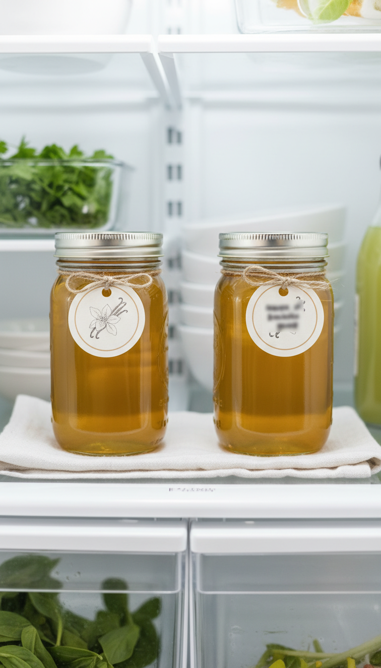 Homemade Vanilla Coffee Syrup: Ultimate Recipe Guide 13 Homemade vanilla syrup in labeled mason jars on an organized refrigerator shelf, clean storage for food safety.