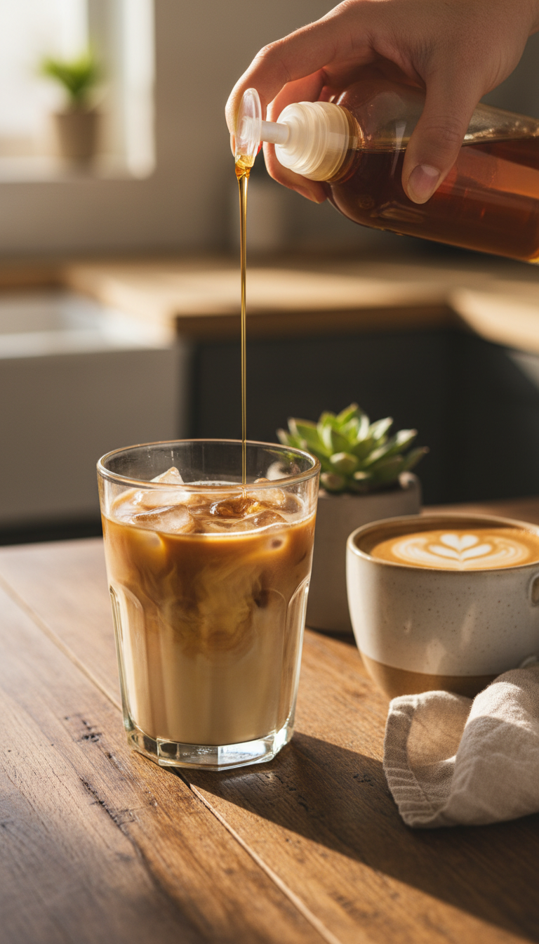 Homemade Vanilla Coffee Syrup: Ultimate Recipe Guide 9 Homemade vanilla syrup pours from pump into iced coffee, creating a beautiful milk swirl on wooden counter, golden hour light.
