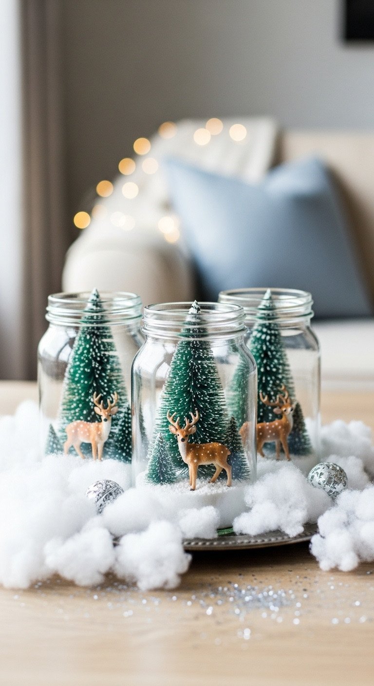 Homemade winter wonderland decor: glass jars with miniature deer, evergreen trees, faux snow on cotton batting, on a light wood table.