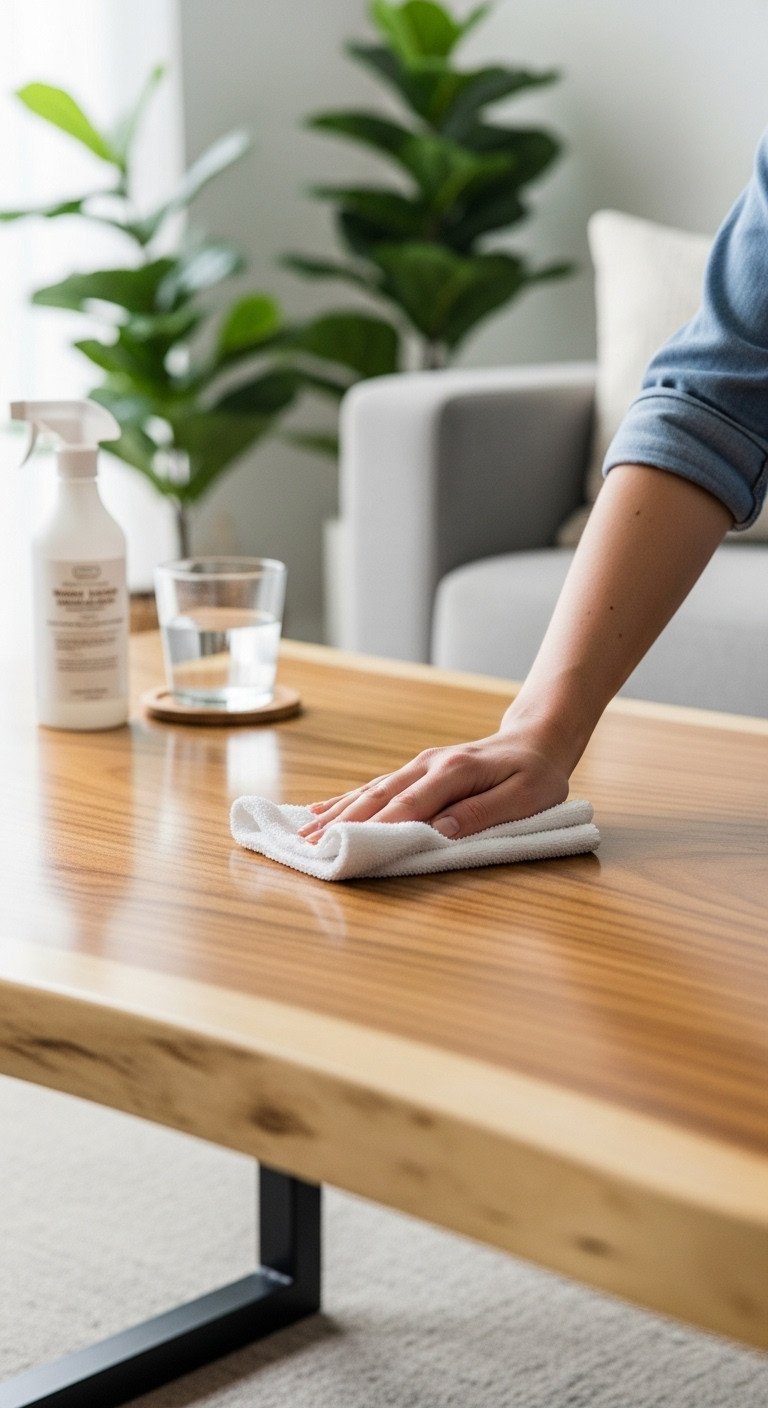 Homeowner gently wiping a polished live edge coffee table with a soft cloth in a bright, modern living room.