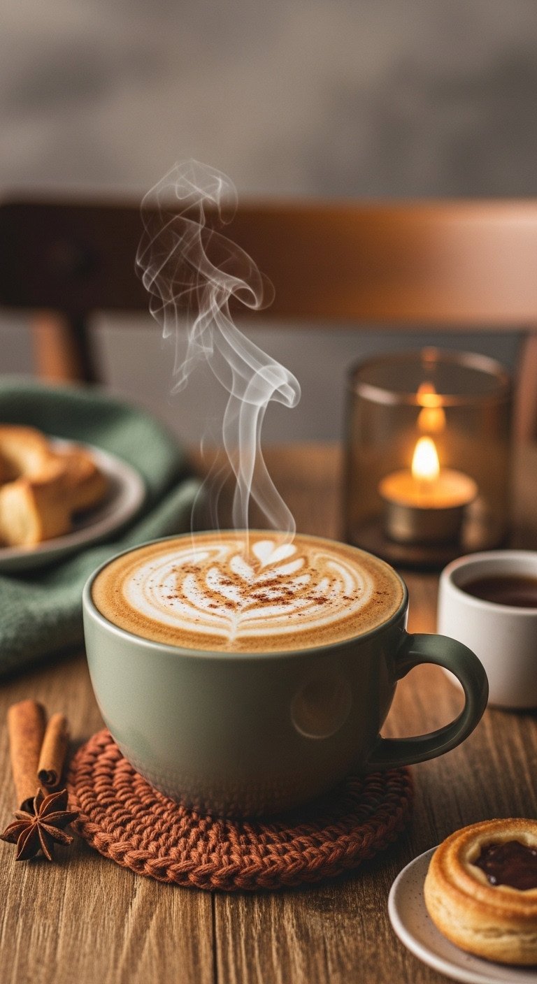 Brown Sugar Coffee: Easy Homemade Shaken Espresso Recipe 11 Hot brown sugar latte in a porcelain mug with velvety microfoam, cinnamon art, and steam rising on a rustic wooden table.