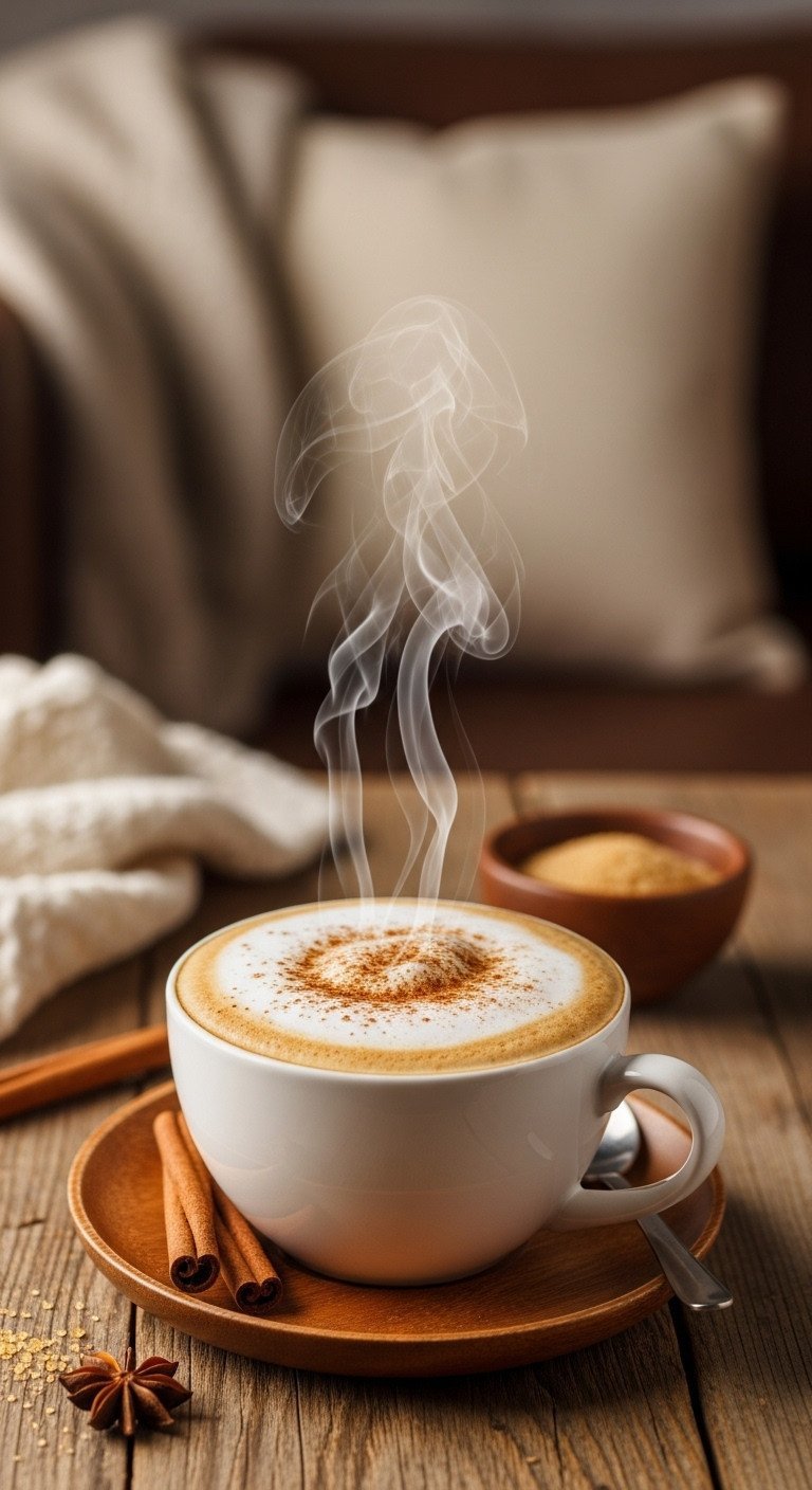 The Genius Brown Sugar Latte Recipe Iced Shaken And Hot Steamed 15 Hot brown sugar latte in a white ceramic mug with cinnamon dust, steam rising from velvety microfoam. Cozy setting.