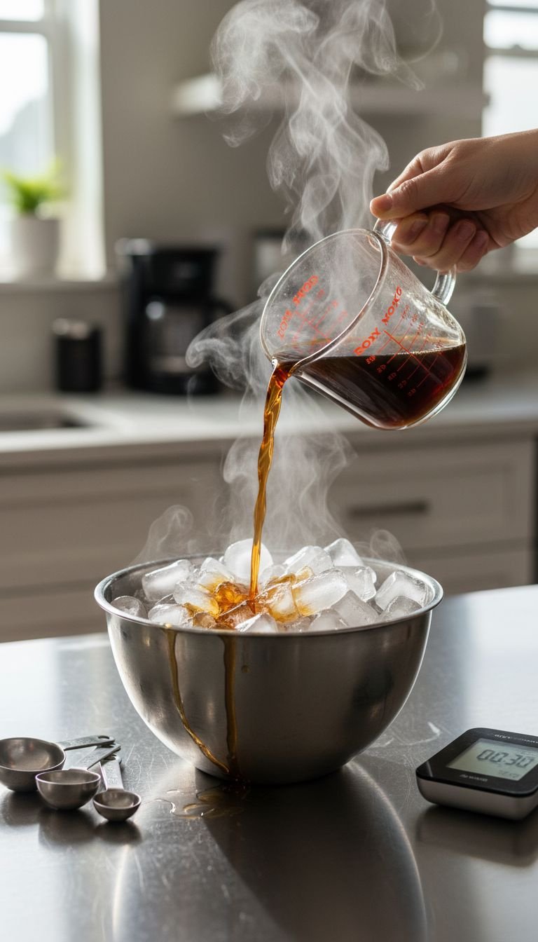 Hot dark tea concentrate pouring over ice cubes in a metal bowl, creating steam for quick chilling, on a metal counter.