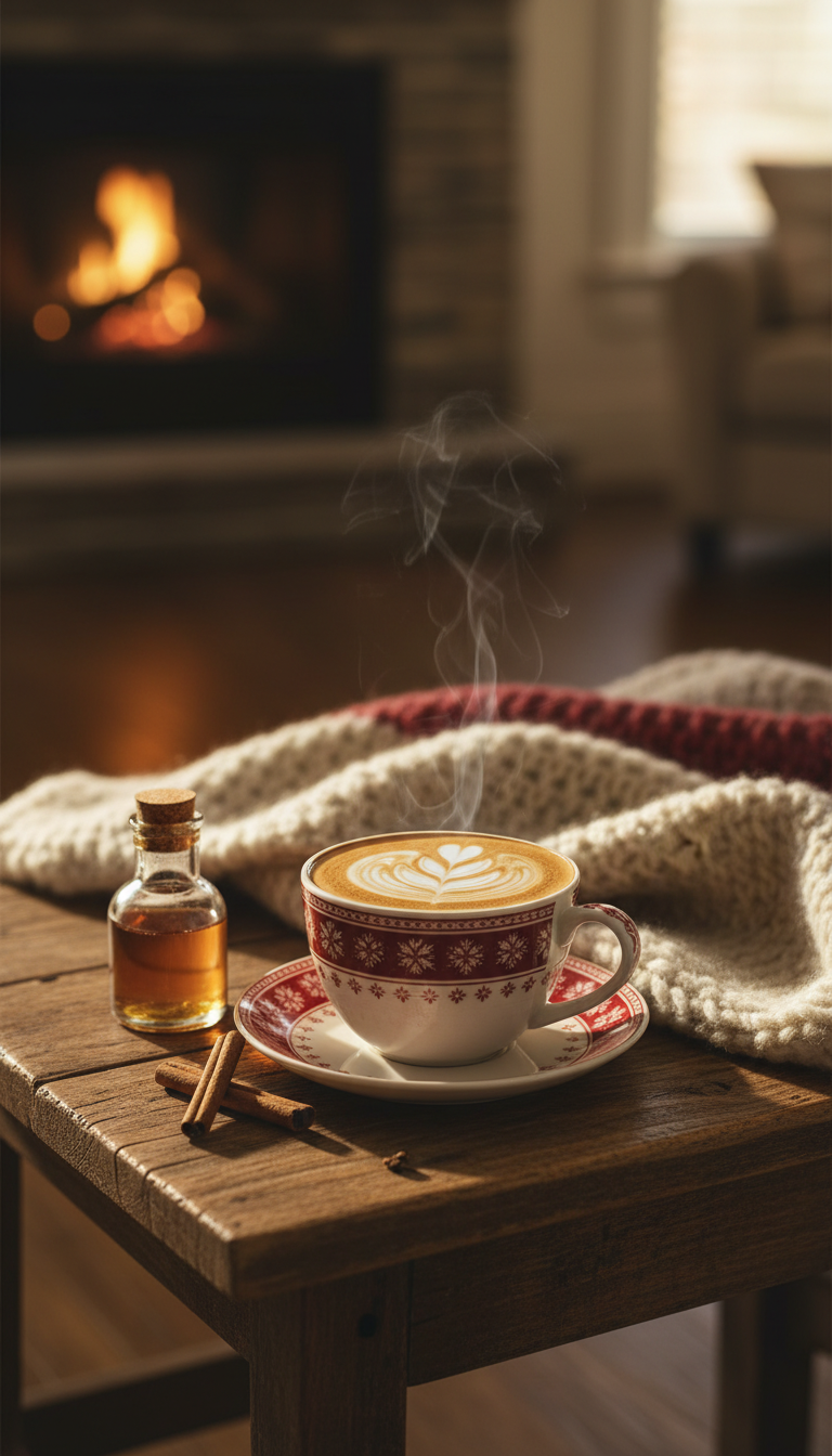 Homemade Sugar Cookie Coffee Syrup: Easy Starbucks Copycat 9 Hot latte with heart latte art in a holiday mug and syrup bottle on a rustic wooden table, evoking a cozy feeling.