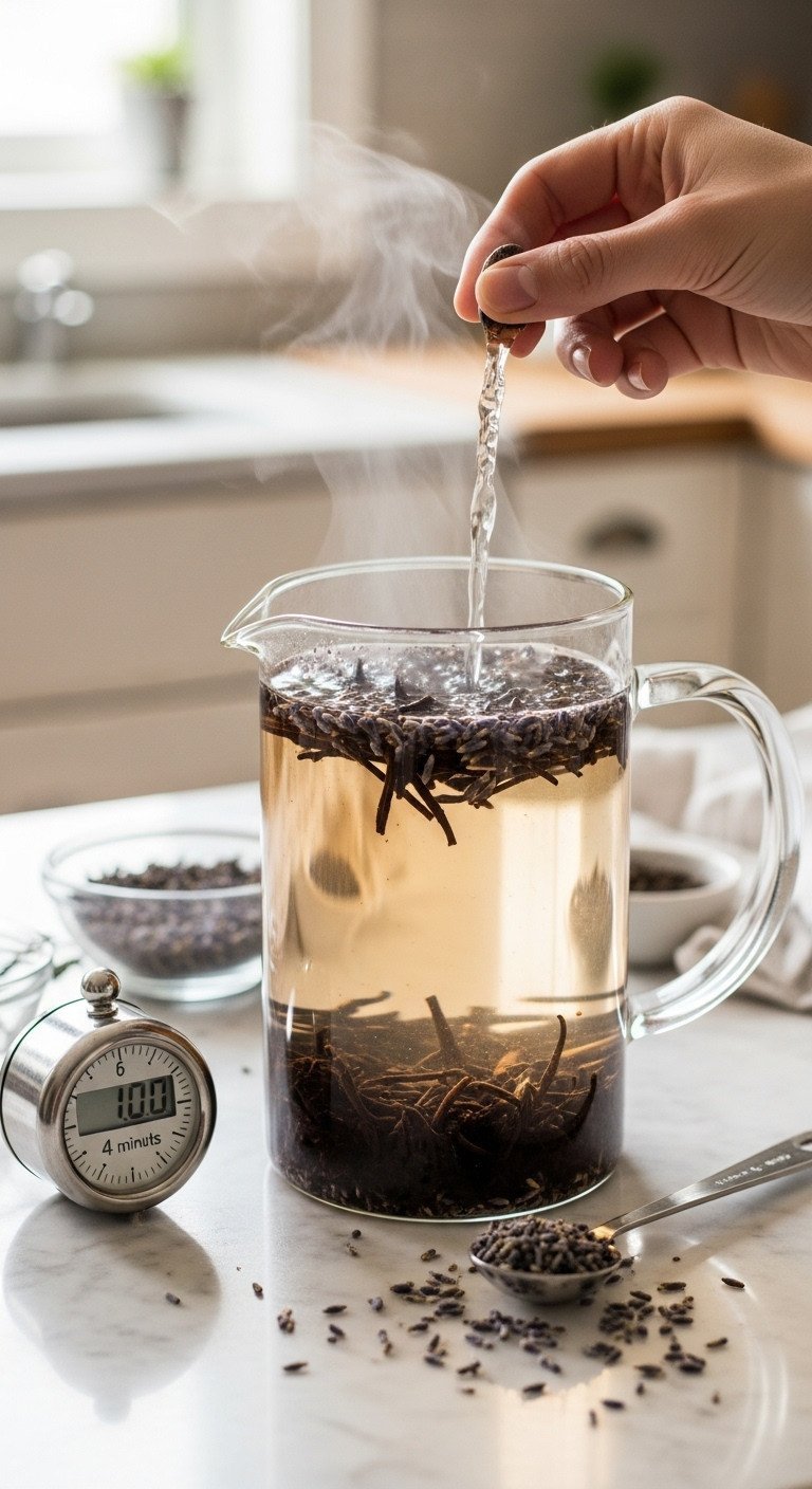 The Ultimate Lavender Iced Tea Guide To Perfect Non Bitter Flavor 1 Hot lavender iced tea steeping in a clear glass teapot with black tea leaves and dried lavender buds on a marble counter. Cozy kitchen scene.