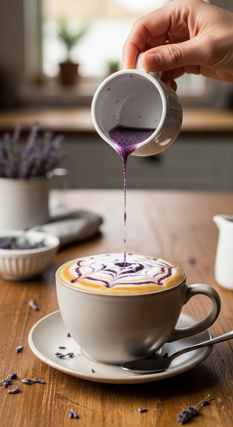 Lavender Latte Expert Guide Hot Or Iced With Tested Ratios 3 Hot lavender latte in a ceramic mug with velvety microfoam and drizzled syrup on a rustic wooden table.