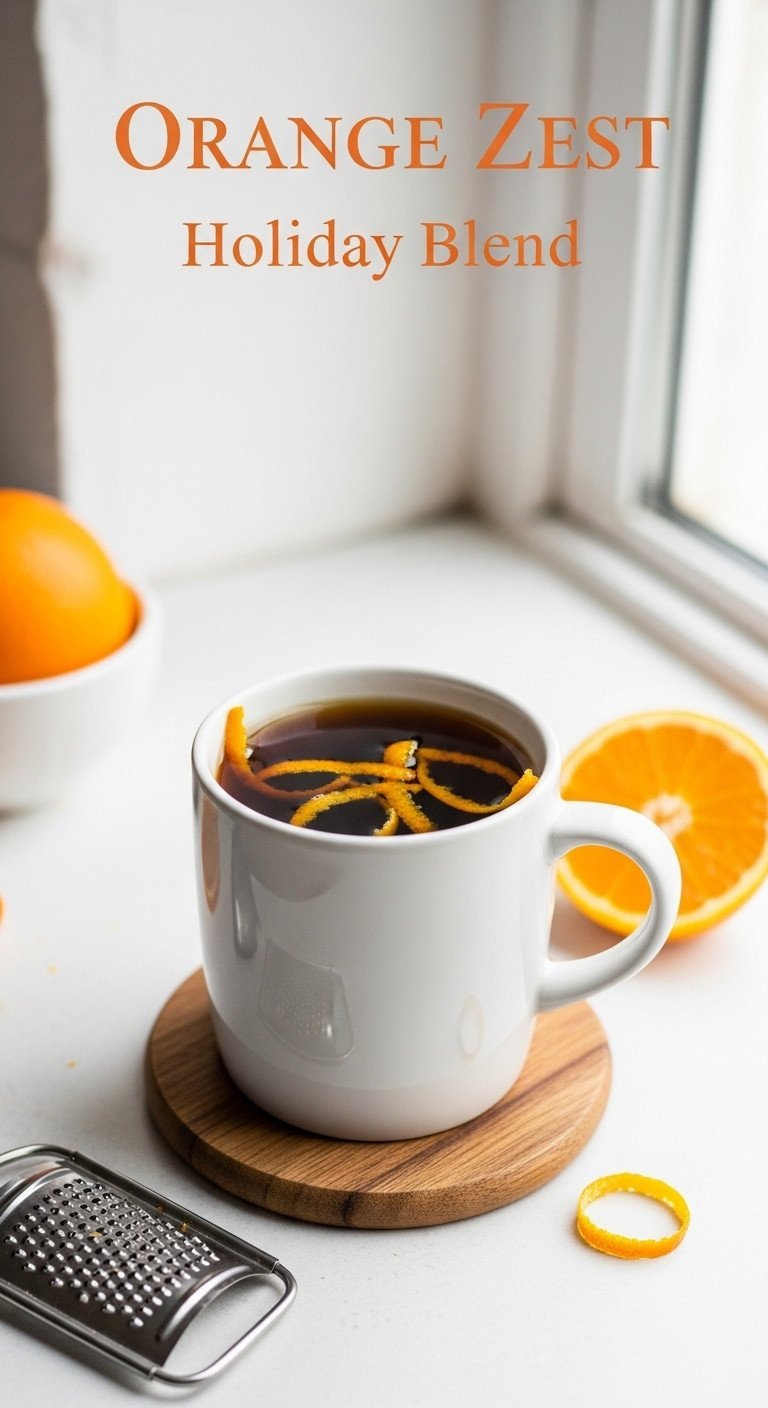 Hot orange zest holiday blend coffee with organic orange oil-infused zest in a mug on a wooden coaster.