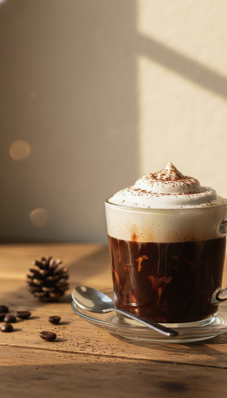 Homemade Peppermint Mocha Coffee Syrup: Master This Recipe 7 Hot peppermint mocha latte in clear glass mug with frothed milk, cocoa powder, on rustic wooden table, pine cone.