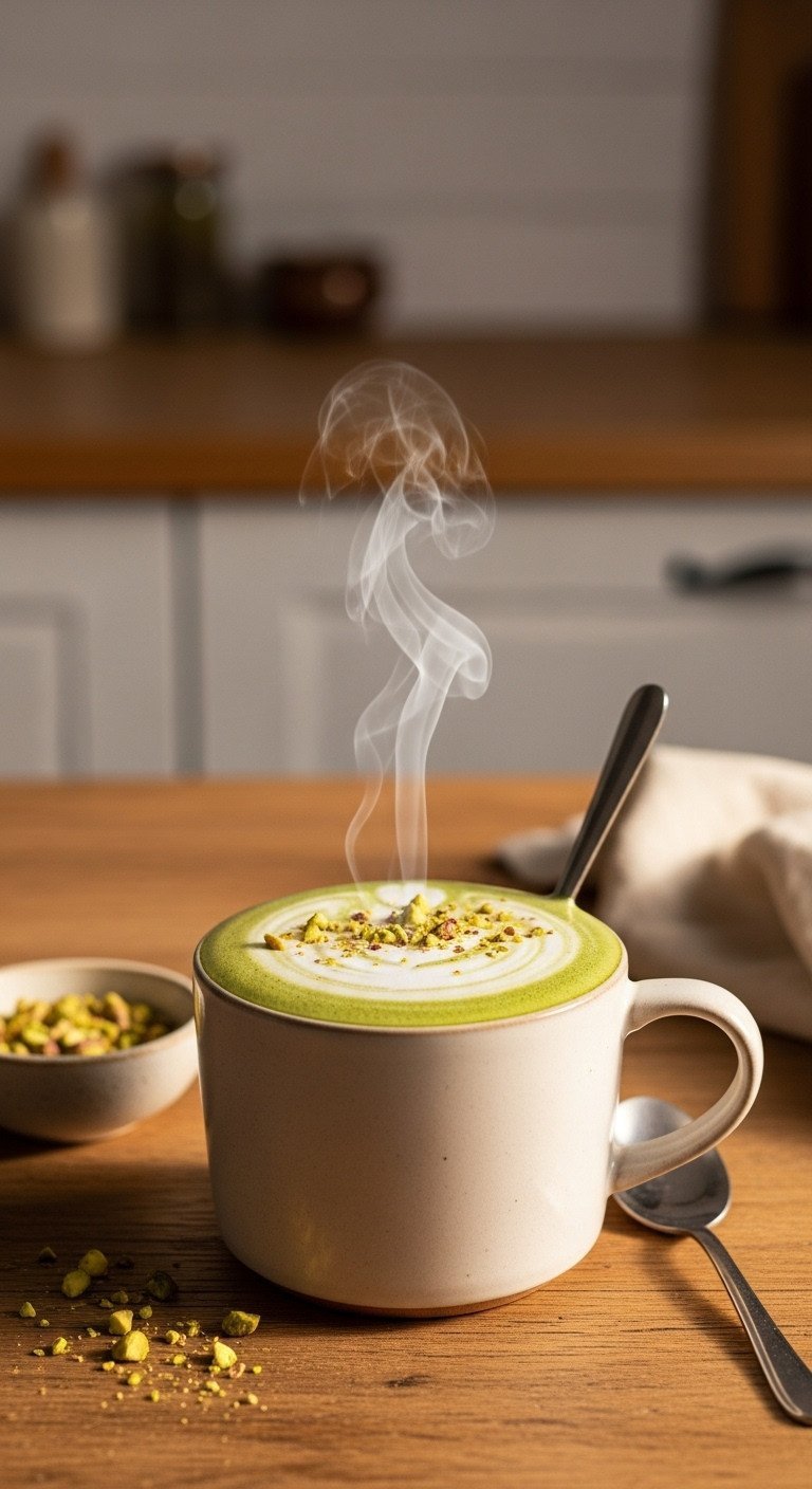 Pistachio Matcha Latte Ultimate Recipe for Perfect Layering and Flavor 11 Hot pistachio matcha latte in a ceramic mug, topped with dense microfoam and crushed pistachios, steaming on a rustic wooden table.