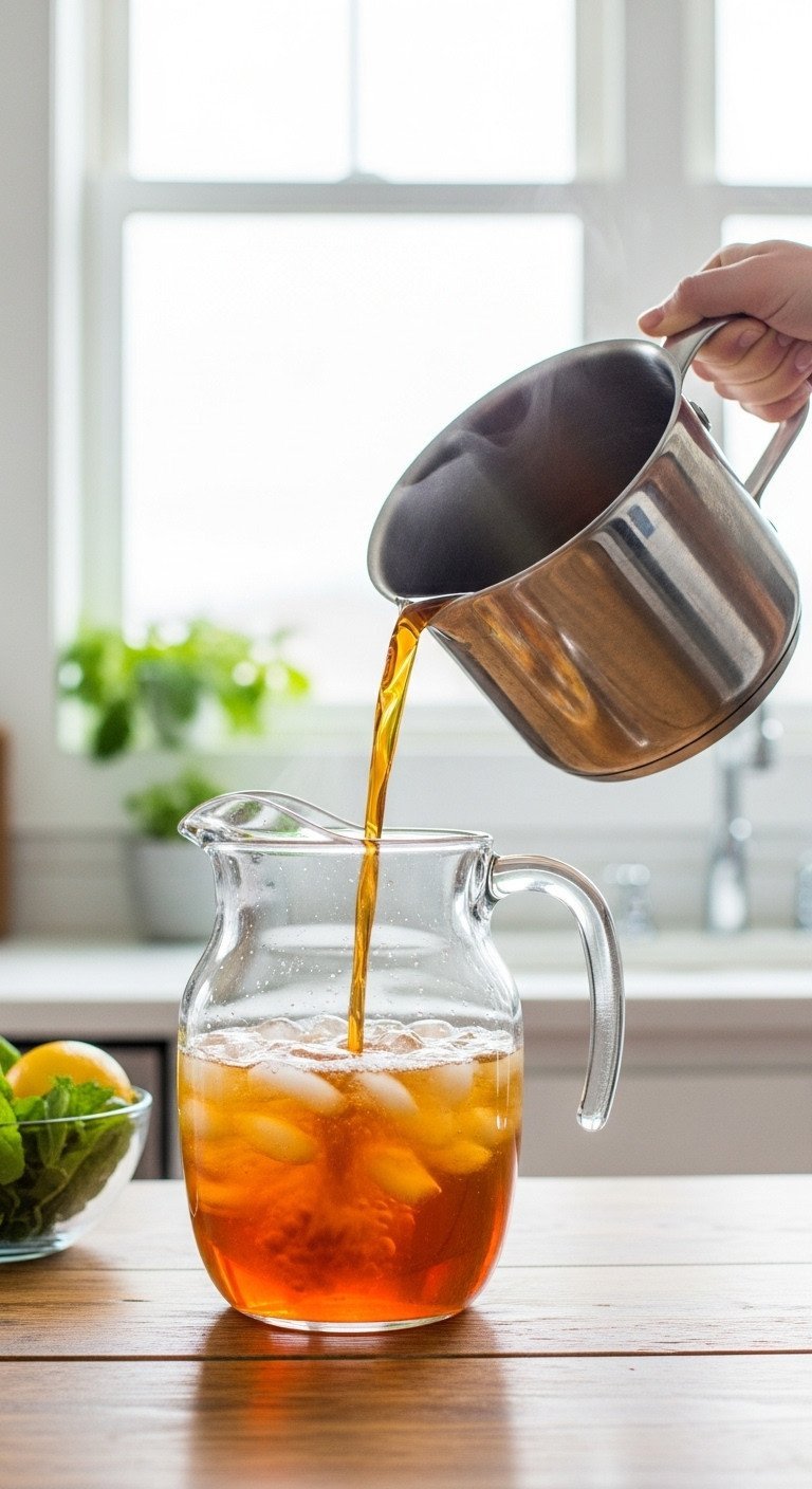 The Foolproof Sweet Tea Recipe For Perfect Clear Tea 5 Hot sweet tea concentrate is poured from a pot into a glass pitcher of cold water, a key step for clear iced tea.