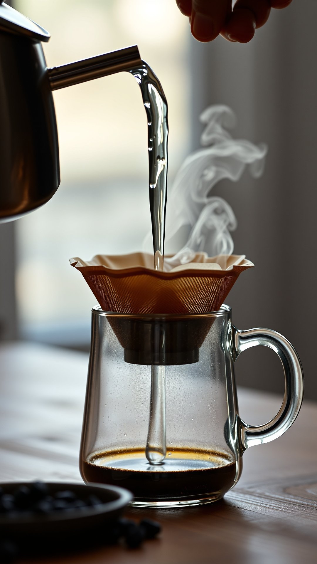 Hot water being poured into a phin filter as steam rises and the first drops of dark coffee fall into a clear glass mug below.