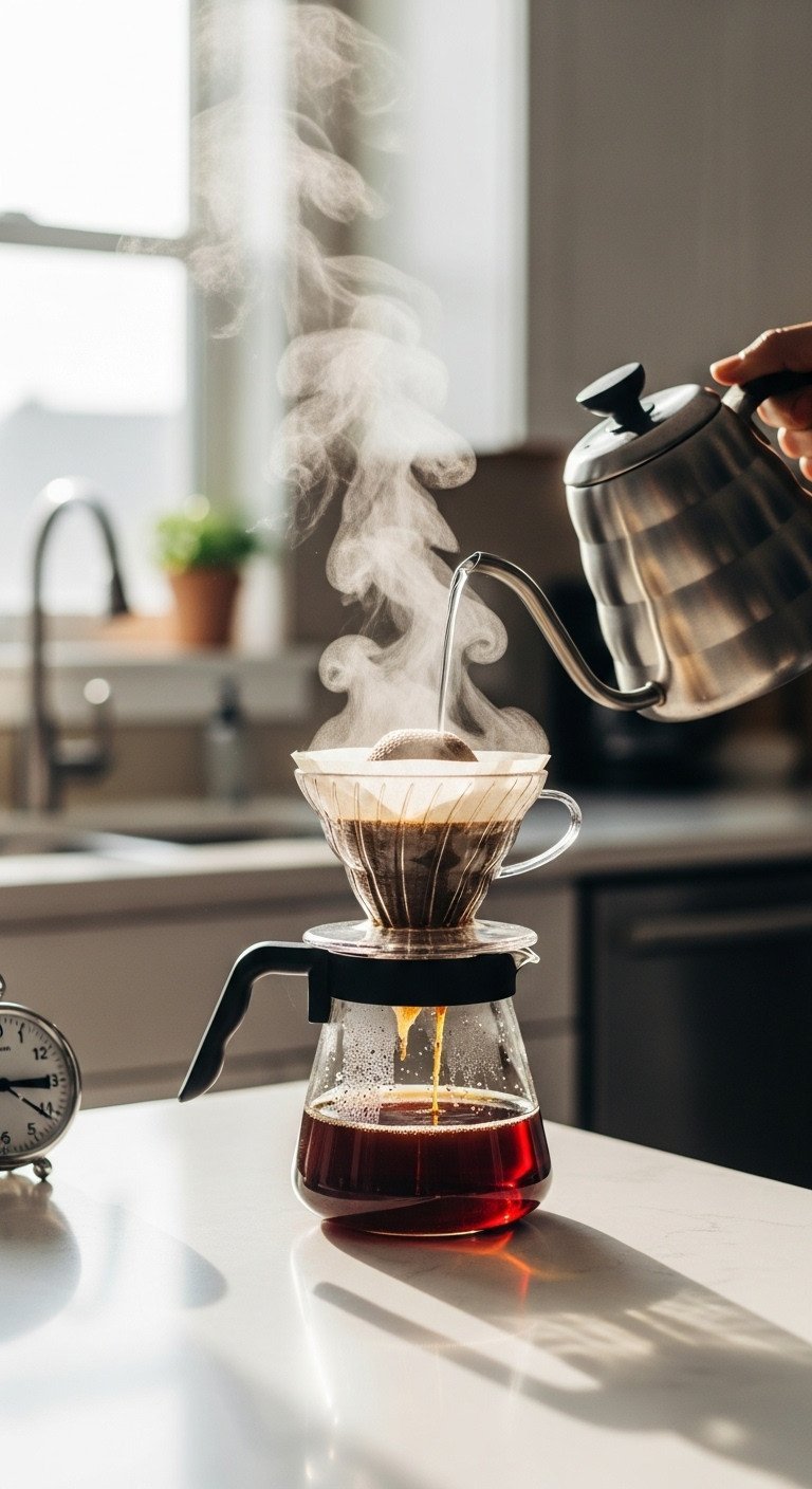 Hot water creating coffee bloom in a pour-over cone, grounds expanding with steam. Kettle spout on white counter.