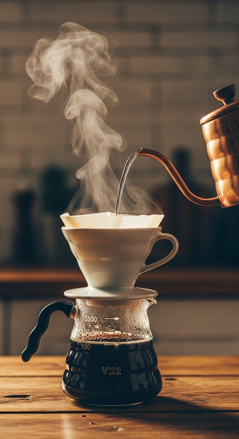 Hot water rinsing a coffee filter inside a ceramic V60 pour-over brewer on a rustic table, with steam and a copper kettle.