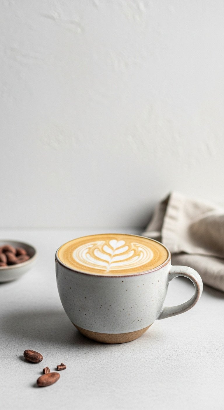 Hot white chocolate mocha in ceramic mug with latte art, creamy beige. Minimalist stone surface, bright daylight, elegant setting.