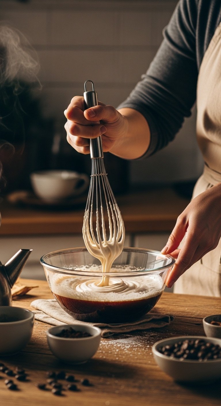 Dalgona Coffee Tested Recipe Science And Troubleshooting 7 Human hand vigorously whisks dark coffee liquid forming soft peaks in a clear glass bowl on a rustic wooden table for dalgona.