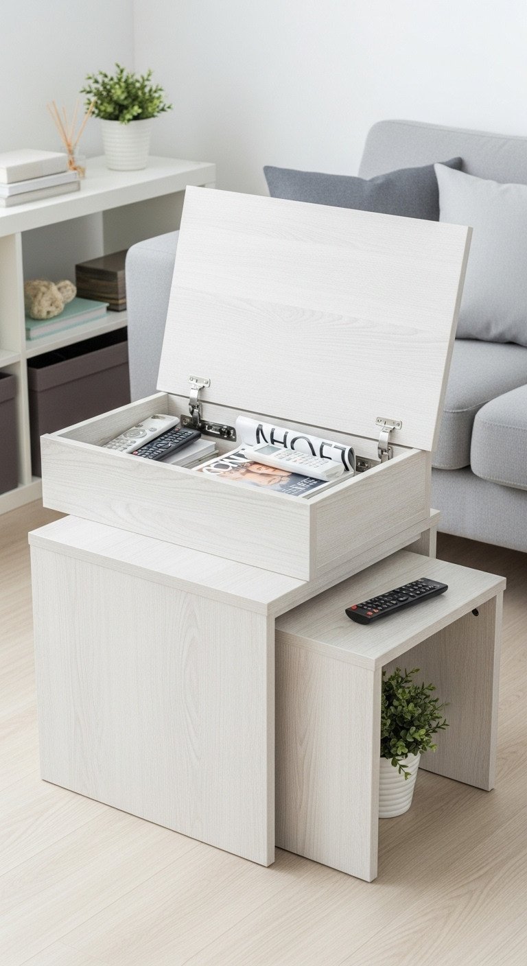 Hyper-organized small apartment with rectangular nesting coffee table featuring a lift-top revealing storage for remotes.