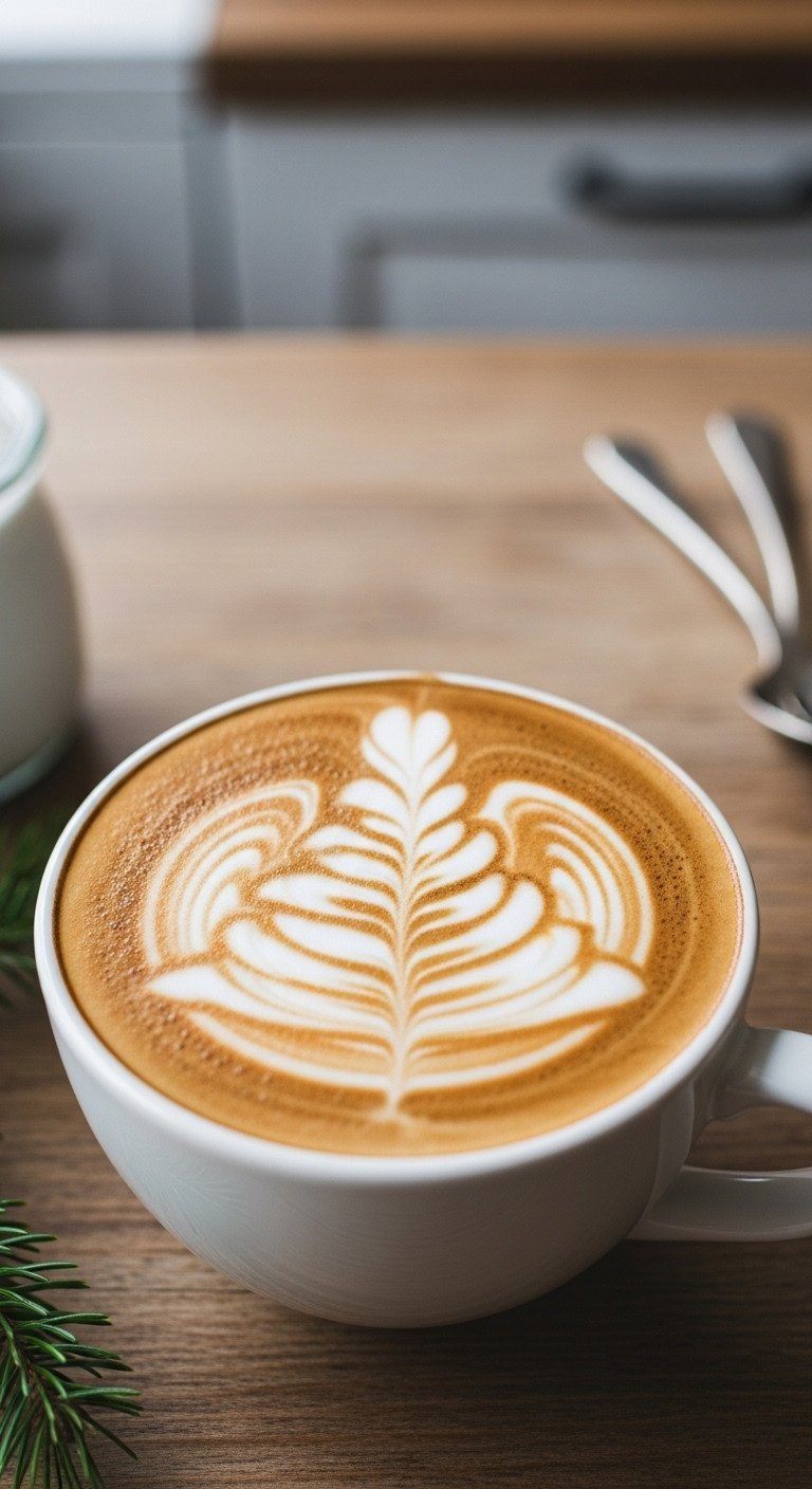 Hyperrealistic Christmas tree latte art in rich coffee crema, white mug on wooden table, soft natural light, cozy holiday drink.