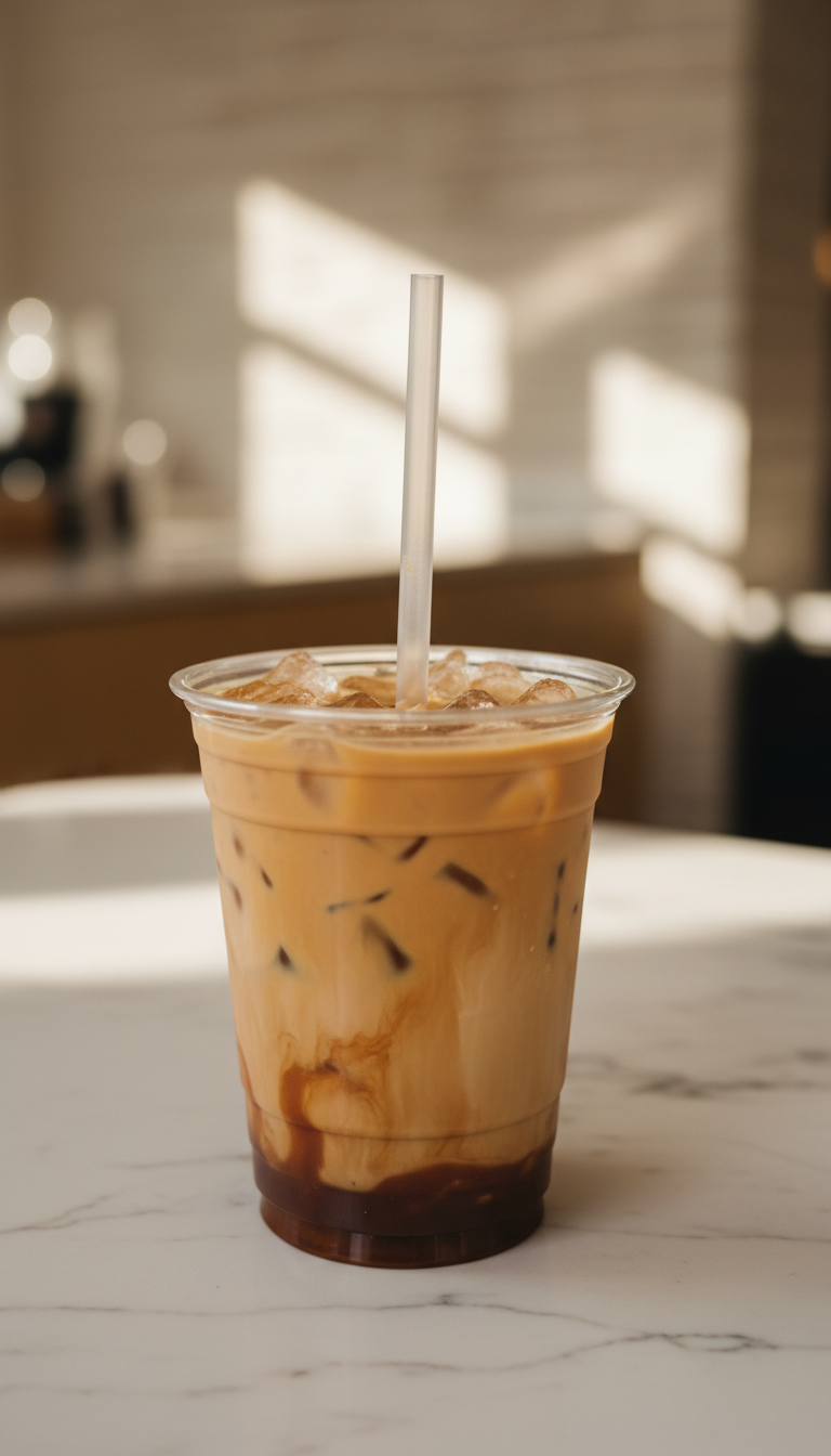 Hyperrealistic Dunkin' Butter Pecan Iced Coffee, medium-sized in a clear cup, with creamy swirl, caramel pecan layers, ice, and straw on marble.